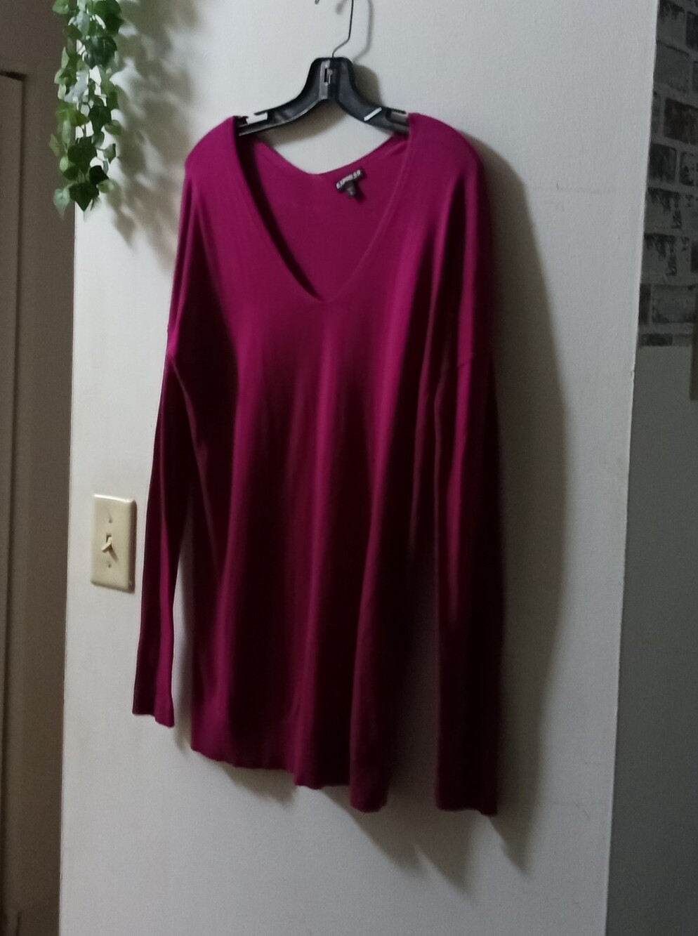 Express Women's V-Neck Long Sleeve Sweater- Fuchsia